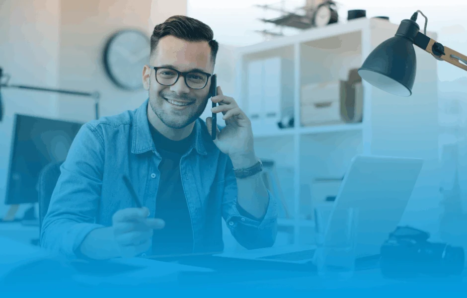 A man on the phone talking about working in marketing.